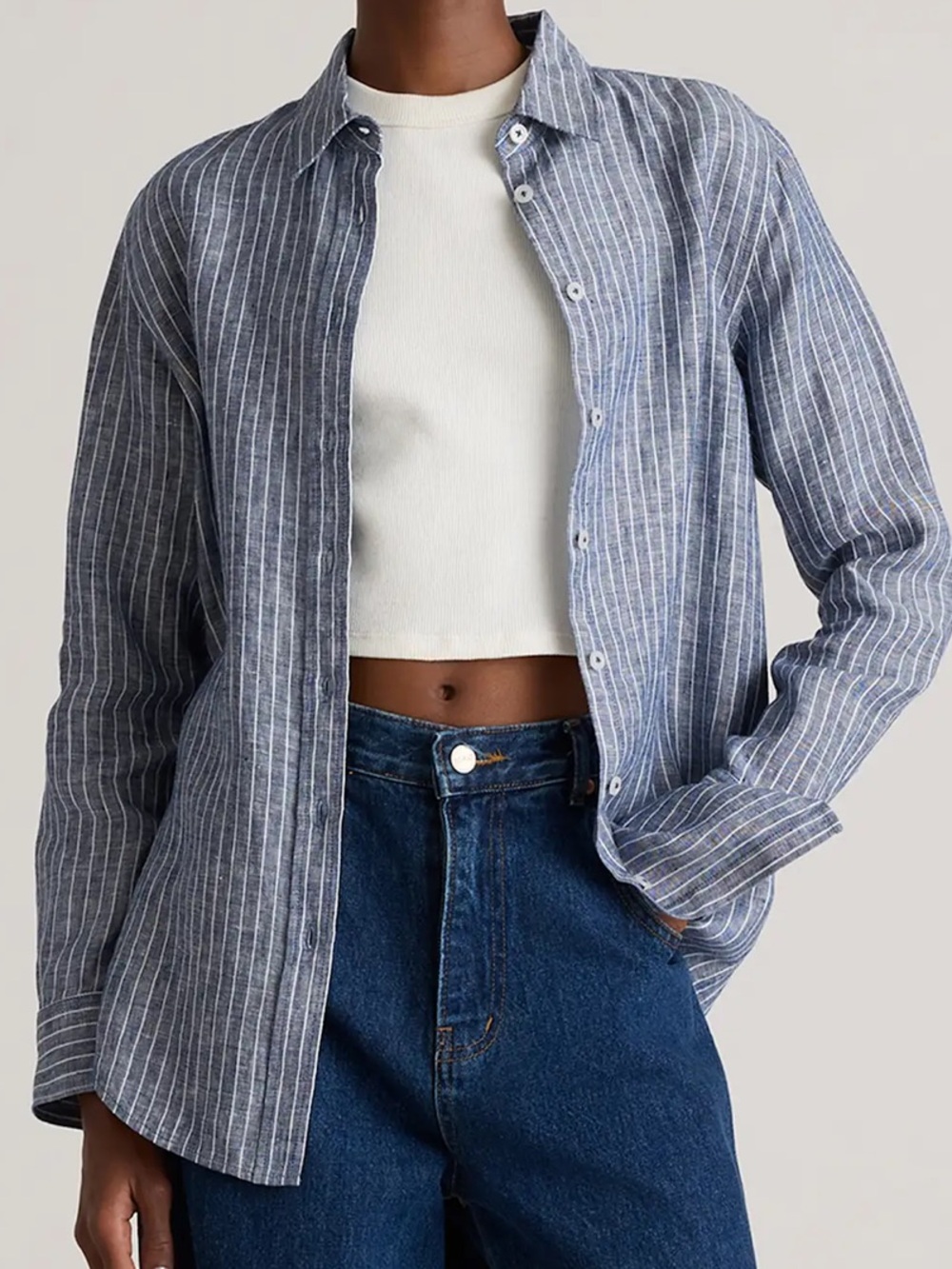 Quince Blue White Pinstripe Button Front European Linen Shirt Size XL Nautical